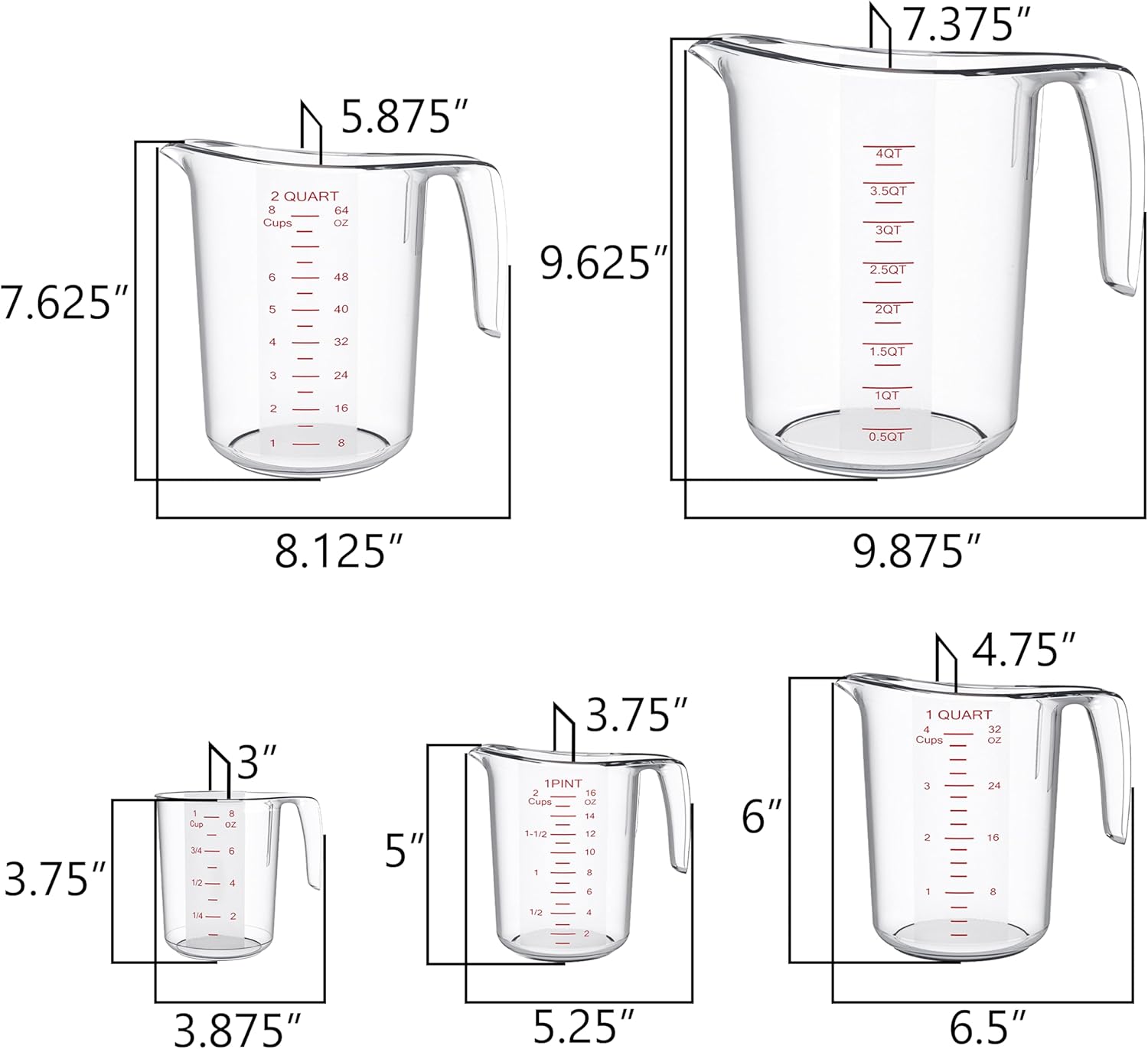 DaYammi Measuring Cups 5-Piece, Unbreakable Food-Grade Plastic Measuring Cup for Dishwasher, 1/2/4/8/16-Cup Nesting Liquid Measuring Cups for Prepping, Baking, Cooking, Readable Markings, Clear