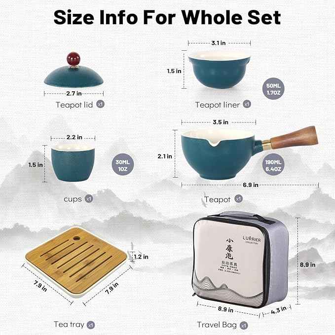 LURRIER Porcelain Chinese Gongfu Tea Set,Portable Teapot Set with 360 Rotation Tea maker and Infuser,Portable All in One Gift Bag for Travel,Home,Gifting,Outdoor and Office (Green)