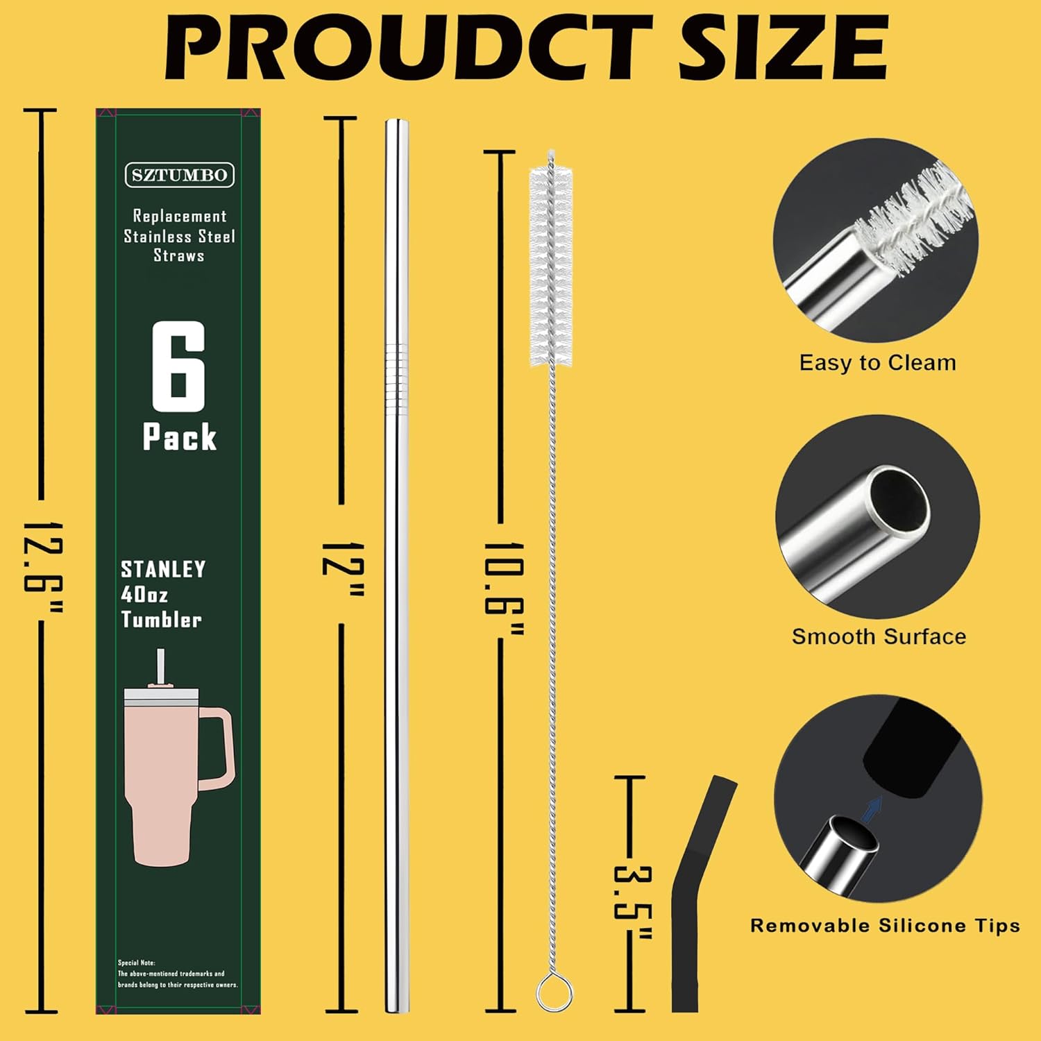 6 Pack 12 Inch Metal Stainless Steel Reusable Straight Straw,with 6Silicone Tips and 2Cleaning Brush,for 40oz Stanley, Hydrapeak, Owala Tumbler,Simple Modern 32 40oz Tumbler(8mm 3S3B)
