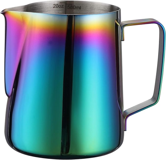 Milk Frothing Pitcher 20oz Stainless Steel Cup Perfect for Latte Art,Espresso Maker,Cappuccino Maker-18/8 Stainless Steel Milk Frother Steaming Pitcher Rainbow Color 600ml