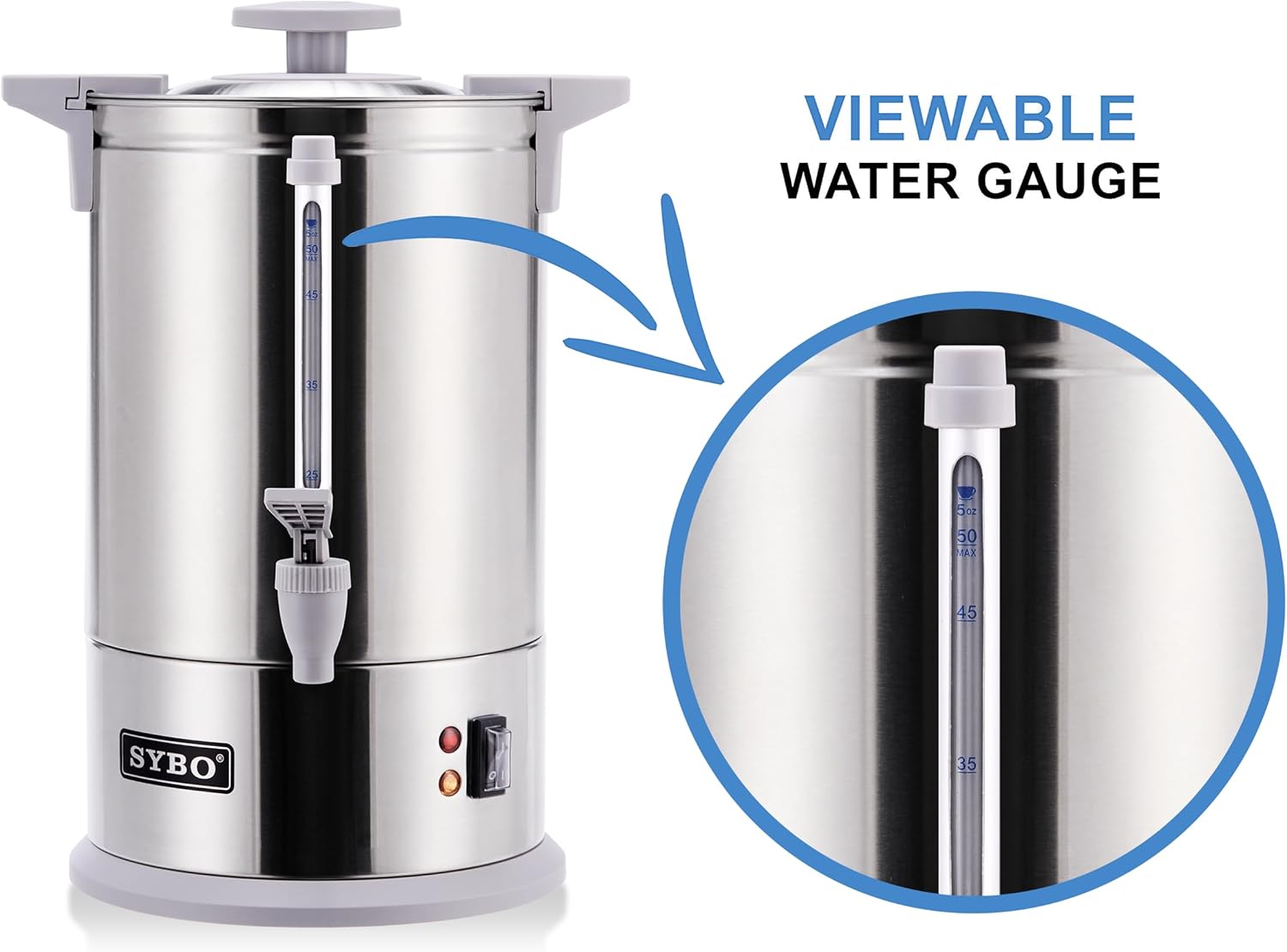 SYBO SR-CP-50B Commercial Grade Stainless Steel Percolate Coffee Maker Hot Water Urn for Catering, 50-Cup 8 L, Grey