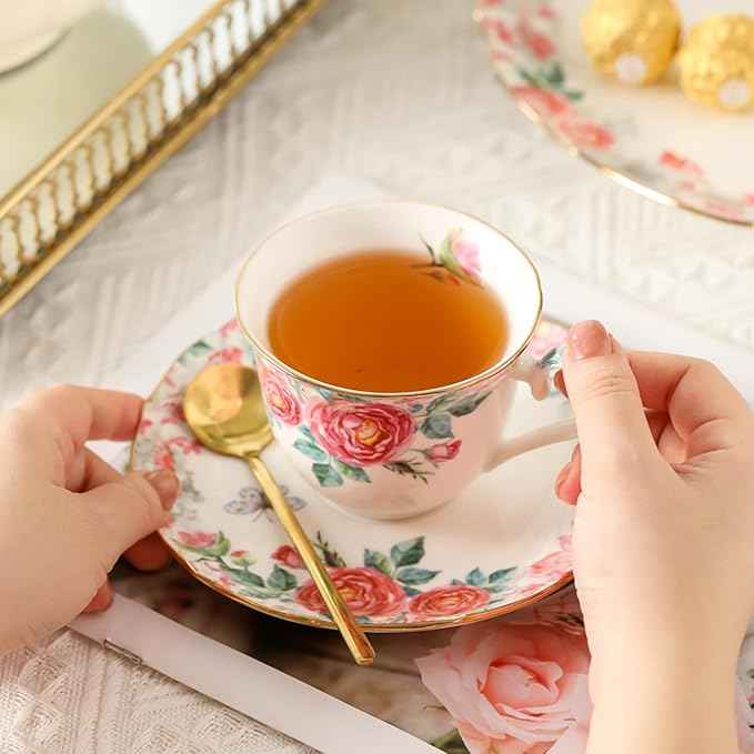 15 Piece Bone China Tea Cup Sets, Elegant Flower Painting Teapot Cup Saucer,Sugar Bowl Cream Pitcher Teaspoons for Tea/Coffee,Gifts Set for Adults.