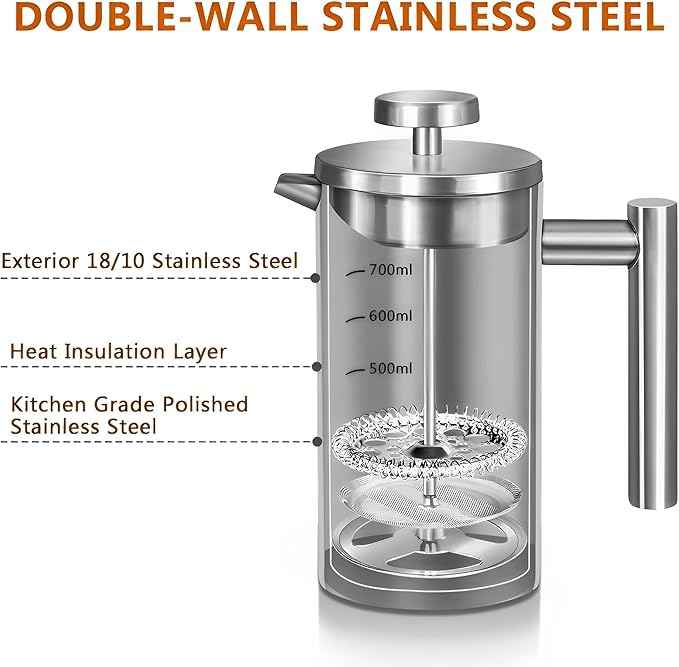 French Press Coffee Maker 34oz, Stainless Steel Double Wall Insulated, 3 Extra Filters & Coffee Spoon for Hot/Cold Brew, Durable Coffee Press for Home, Camping, Office - Silver