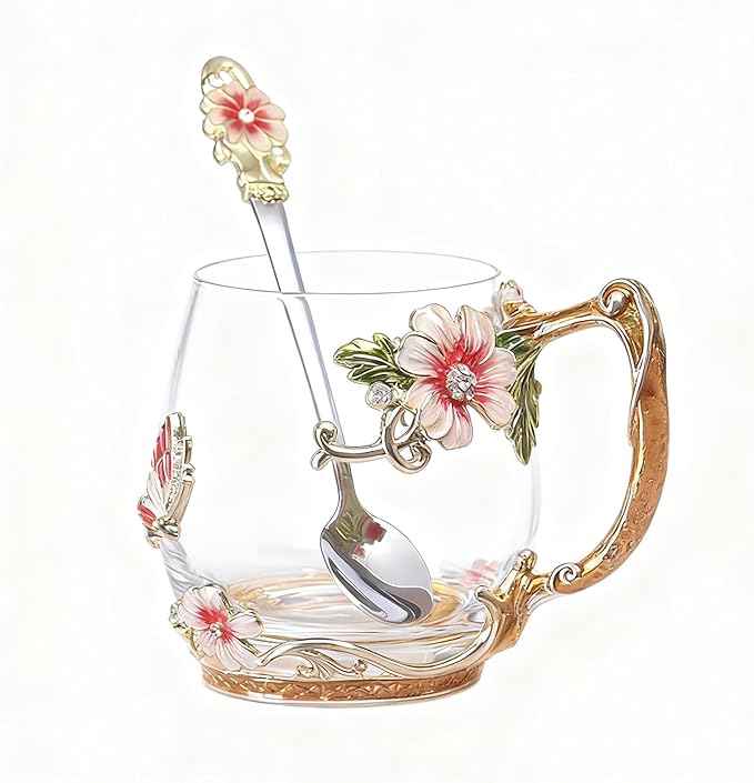 Flower Glass Coffee Tea Cup With Spoon Set Ideal Gifts For Mom Women Christmas Stocking Stuffers Valentine's Day Birthday Gifts For Her Girlfriend Wife Nice Present From Daughter Son(Short Red)