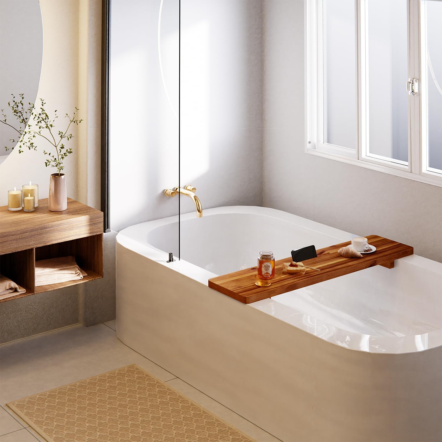Tinamo Acacia Bathtub Caddy Tray Table | 35x9 Inch Large Bath Tub Tray Wooden | Anti-Tipping, Sustainable Tub Tray for Bathtub | Bathtub Accessories Holders for Bathtub (Acacia, 35x9)
