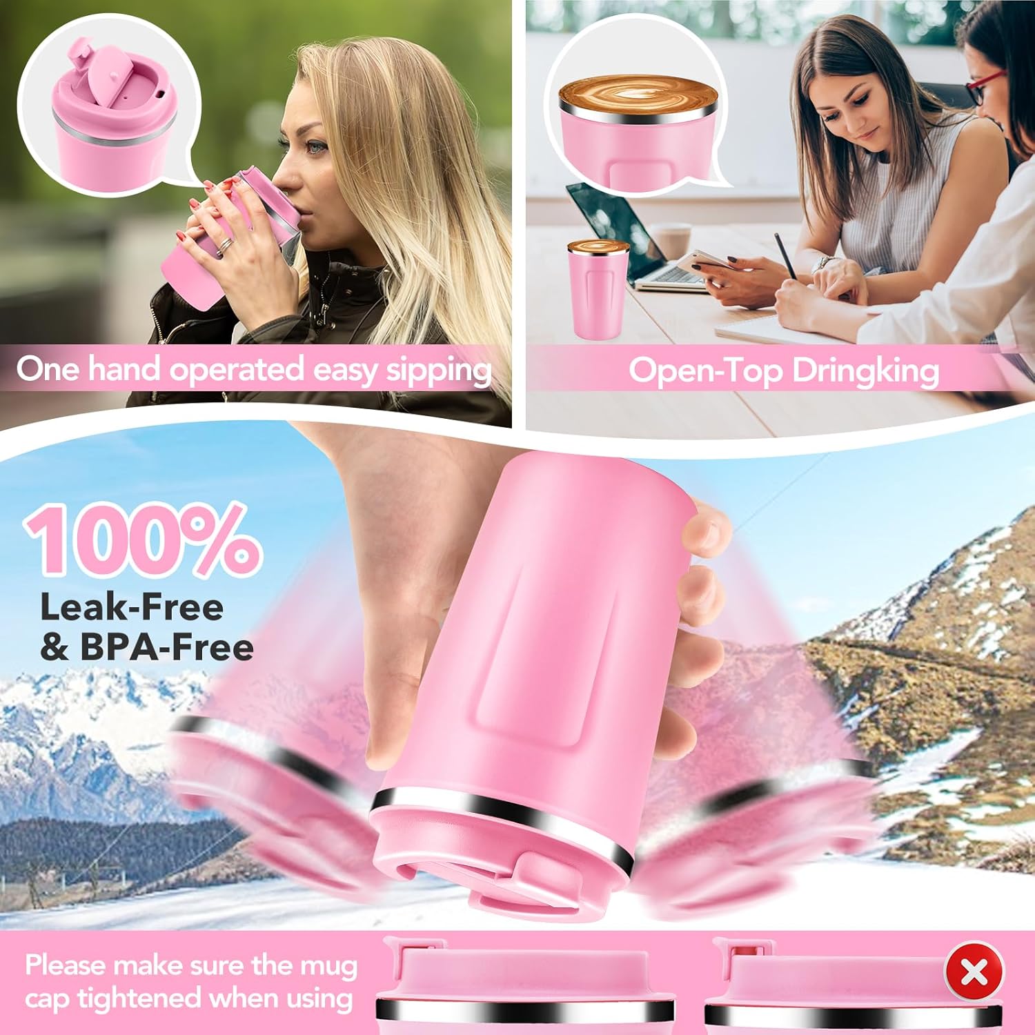 Volhoply 12 oz Double Wall Insulated Vacuum Travel Coffee Mugs with Flip Lid Bulk 2 Pack,Reusable Stainless Steel Leak Proof Coffee Cup,Portable Cafe Thermal Tumbler for Hot & Cold Drinks(Pink,2 Set)