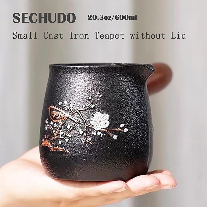 Small Cast Iron Teapot, Japanese Style Tea Kettle without Lid, 20.3 fl oz Tea Pot with Stainless Steel Teacups, Tea Ball for Loose Tea, Wooden Side-handle Tea Set for Stovetop Safe(600ml)