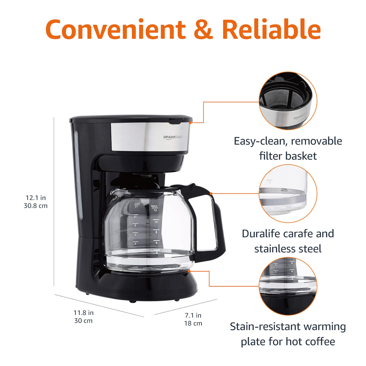 Drip coffee maker with warming plate and carafe