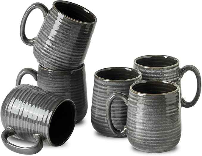 HASENSE Ceramic Coffee Mugs - 15 OZ Large Coffee Cups Set of 6 with Handle for Hot Beverages, Porcelain Latte Mugs for Tea, Milk, Cocoa, Cappuccino and Mocha, Microwave and Dishwasher Safe, Grey