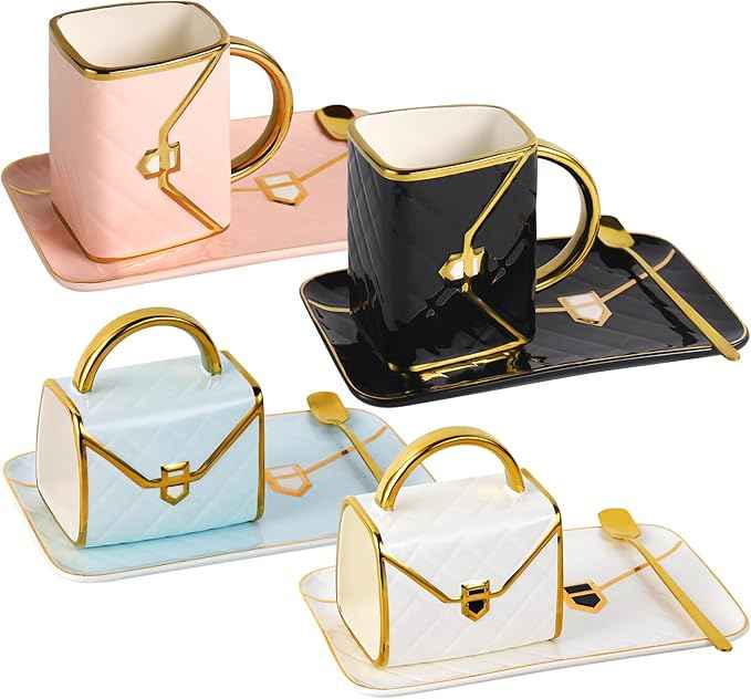 Handbag Coffee Mug Set of 4, Handbag Coffee Mug, Purse Coffee Ceramic Mug Set 10 Oz/ 310 ml Cute Creative Design Travel Tea Cup for Women Men Father's Day Thanksgiving Christmas Gifts