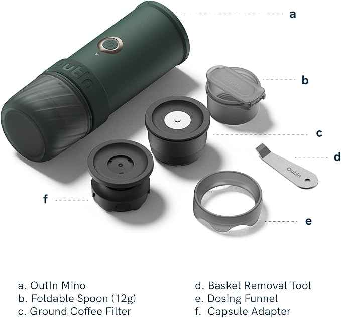 OutIn Mino Portable Electric Espresso Machine, Mini Camping Coffee Maker for Travel, Pocket Sized Coffee Machine Self-Heating, Ground Coffee & NS Capsule Adapter For Adventure