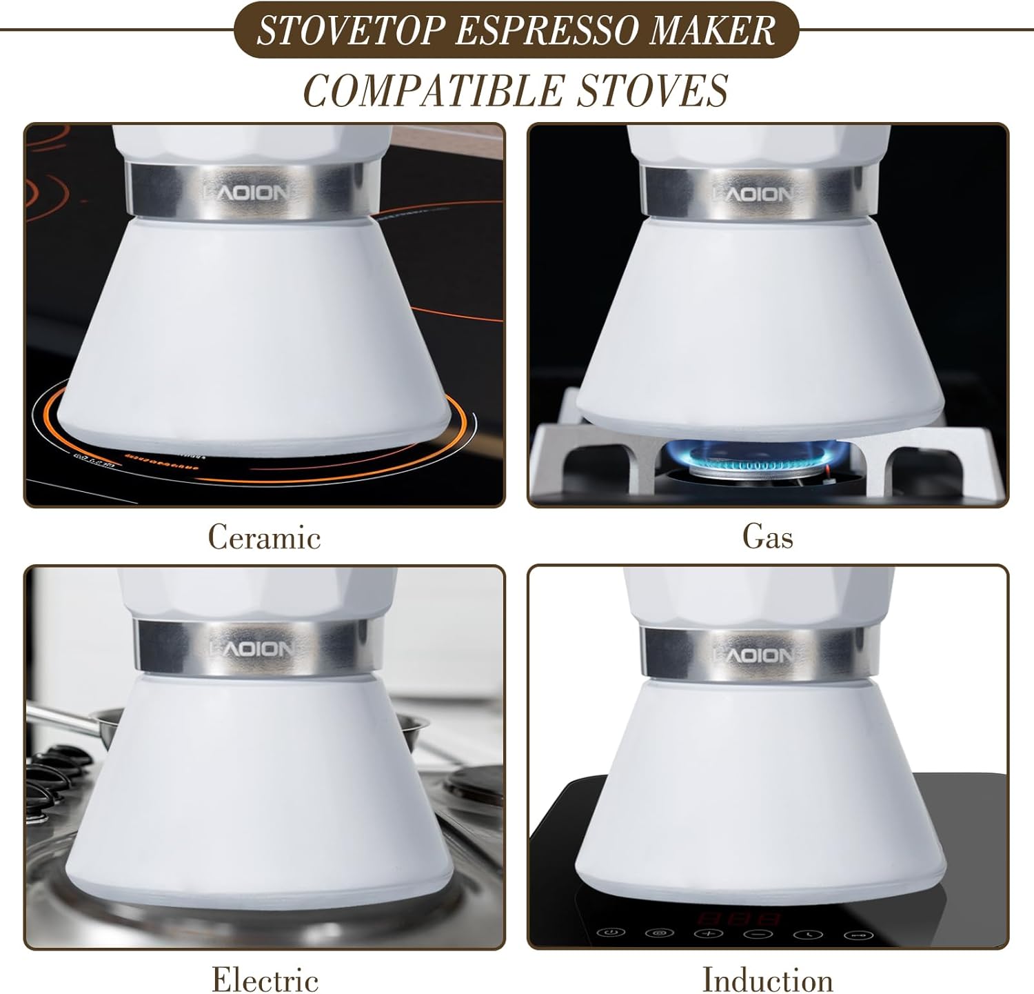 Moka Pot, 6-Cup Espresso Maker, 300ml Portable Stovetop Espresso Maker, Percolator Coffee Pot Compatible with Induction Cooktops, Suitable for Home and Camping (White)