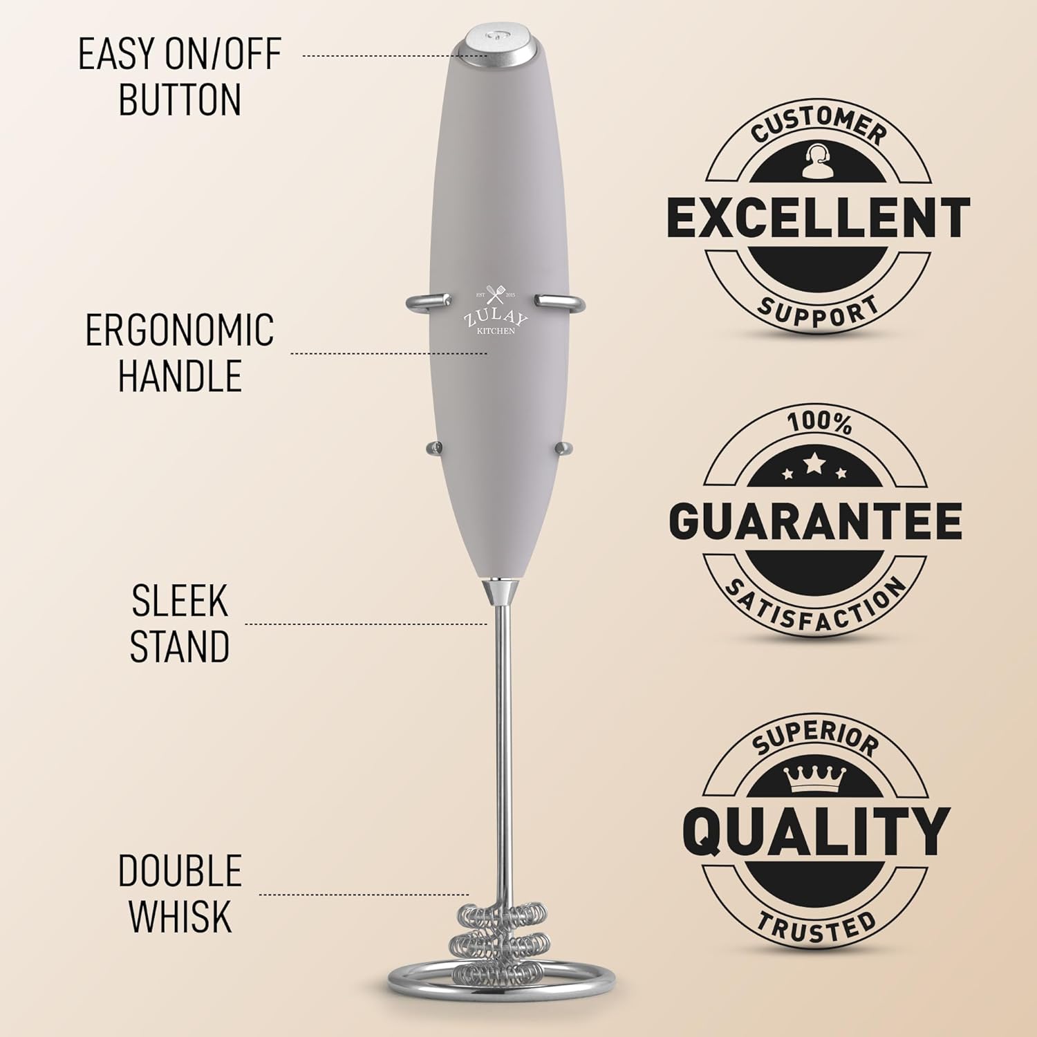 Zulay Kitchen Patented Tornado Triple Whisk Milk Frother with 4 Duracell Batteries – Handheld Foam Maker for Coffee, Lattes, Matcha & Hot Chocolate – Rich, Creamy Froth in Seconds