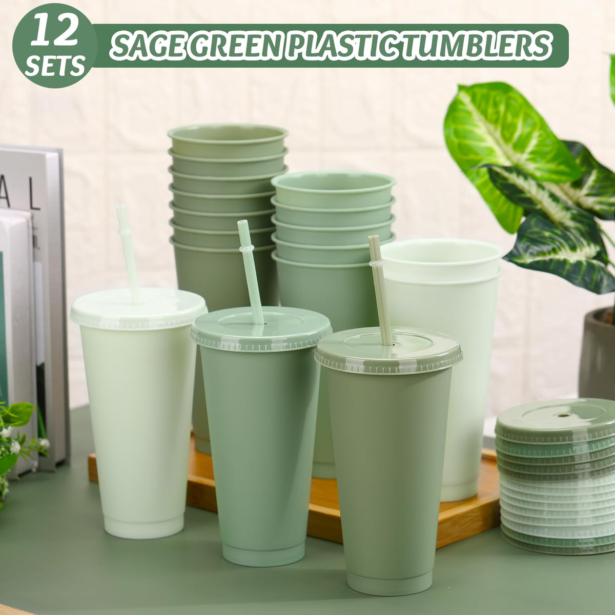 Reusable plastic tumblers in light, medium and dark green