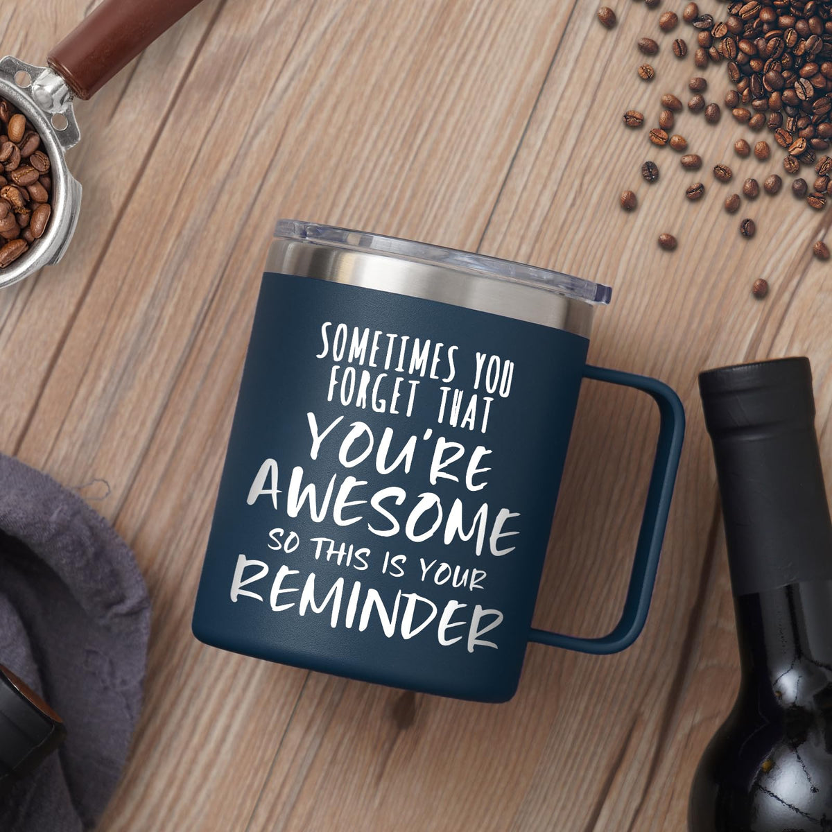Vacuum insulated mug with sliding lid