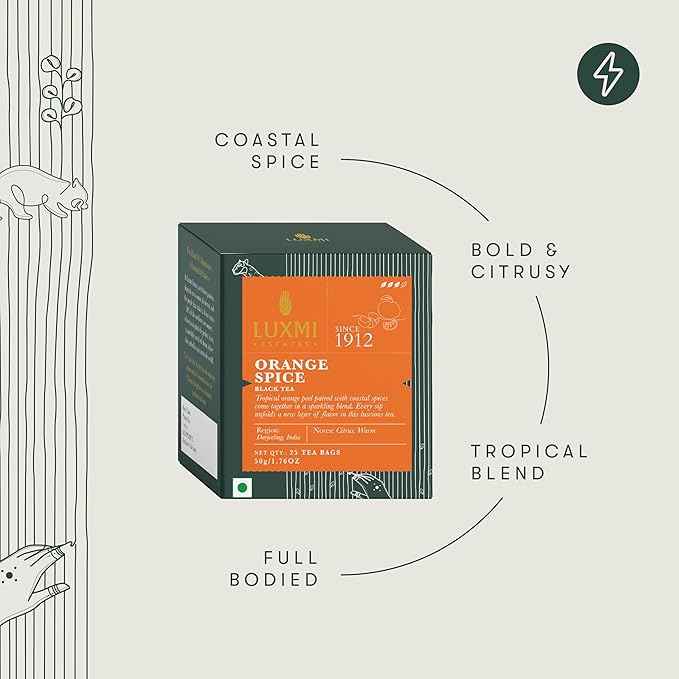 Luxmi Estates - Orange Spice Black Tea 25 Tea bags, 100% biodegrable teabags for Natural Engergy