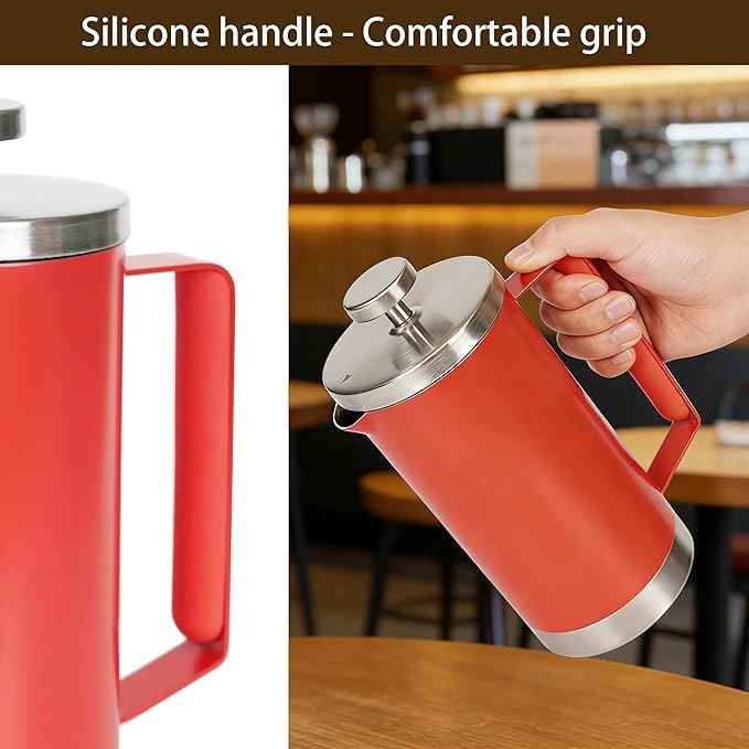 small French Press Coffee Maker 600ml, Double-Wall Insulated French Press Coffee Press Stainless Steel for travel camping, Silicone handle (2-4cup, 20 OZ) silver