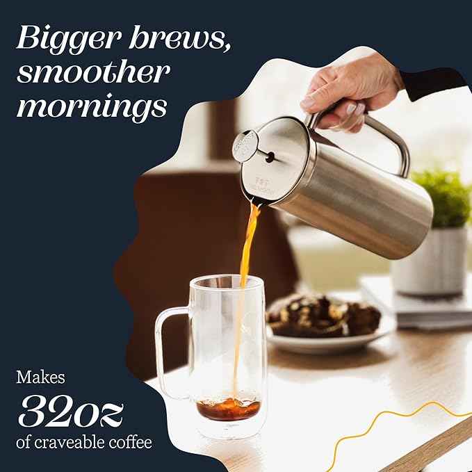 ESPRO P7 Brushed Stainless Steel French Press 304 – Patented Double Walled Micro-Filter Insulated French Press Coffee Maker, Grit-Free Brew - Heat Resistant BPA Free (32oz)