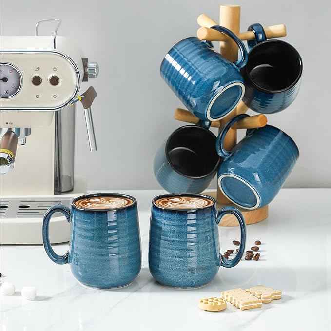 Hasense Porcelain Coffee Mugs Set of 6, 15 Ounce Large Ceramic Coffee Cups Set with Handle for Latte, Tea, Cocoa and Hot Chocolate, Blue Coffee Mugs for Men and Women, Microwave Safe