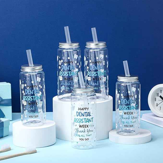 Vesici 24 Pcs Dental Assistants Week Gift 14.2oz Thank You Gifts Tumbler with Lid and Straw Dental Assistants Appreciation Party Favors Decorations Plastic Reusable Tumbler for Women Men Coworker