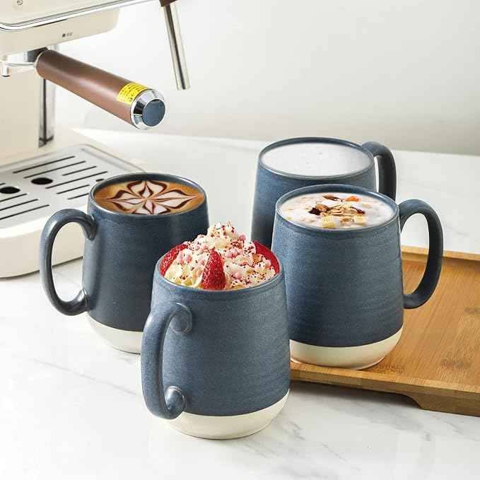 HASENSE Ceramic Large Coffee Mugs Set of 4-15 Ounce Porcelain Coffee Cups Set with Handle Perfect for Tea, Cocoa, Latte, Milk and Cappuccino, Modern Tea Cups Set for Man and Woman, Dark Blue