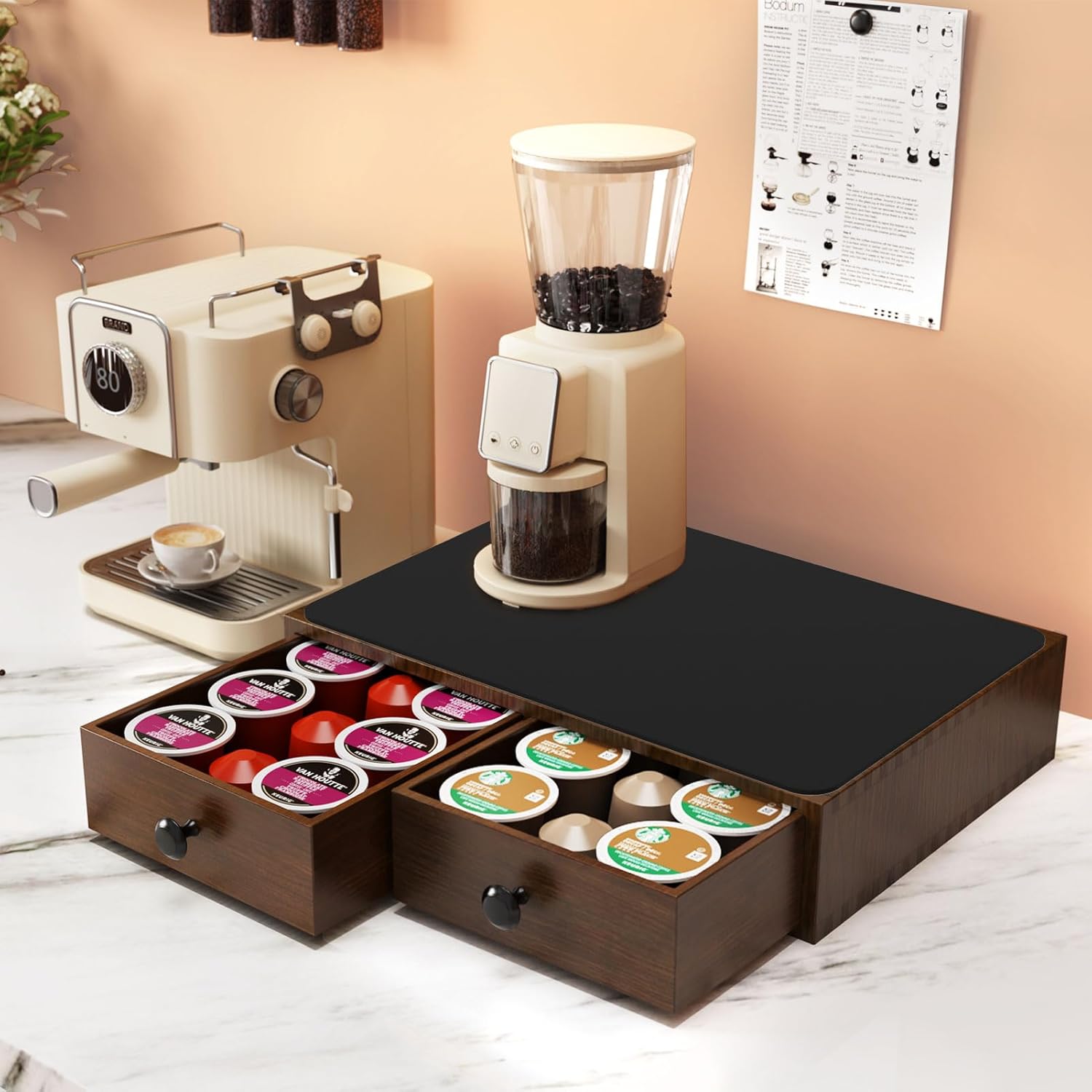 K Cup Holder, Wooden K Cup Organizer Box for Counter, Tea and Coffee Pod Storage Drawer Coffee Maker Stand, 30 Pod Capacity, Walnut Black