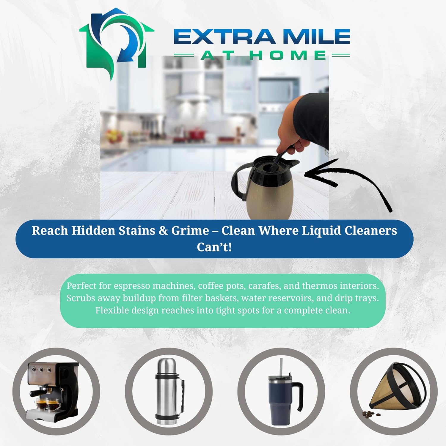 Coffee Maker Cleaning Kit 2 Bottles Heavy-Duty Descaler, Crevice Brush & 12"x12" Microfiber Cloth Removes Stains & Residue from Drip Coffee Pots, Espresso Machines