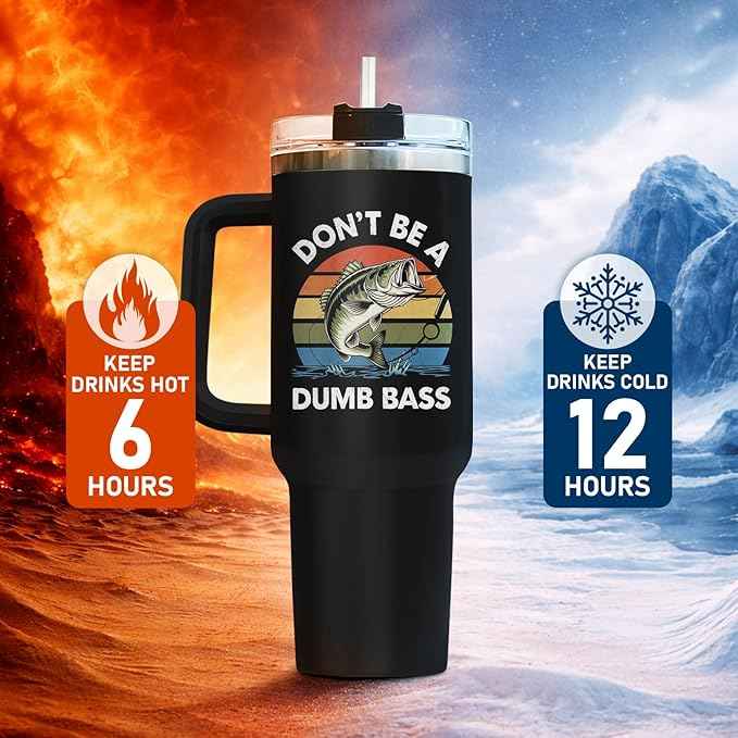 34HD Funny Fishing Tumbler 40oz with Handle Lid and Straw, Don’t Be a Dumb Bass Insulated Travel Coffee Cup, Father’s Day Gift for Men & Papa, Outdoorsman Fisherman Birthday Present