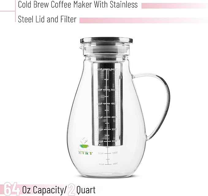 BTaT- Cold Brew Coffee Maker, Iced Coffee Maker, 2 Liter (2 Quart, 64 oz), Iced Tea Maker, Cold Brew Maker, Tea Pitcher, Coffee Accessories, Iced Tea Pitcher, Cold Brew System, Cold Brew Pitcher