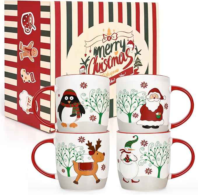 YHRJWN Christmas Mugs Set of 4, Merry Christmas Coffee Mugs with Reindeer, Santa, Snowman, Penguin Designs, Holiday Gifts for Family & Friends, 11 Oz
