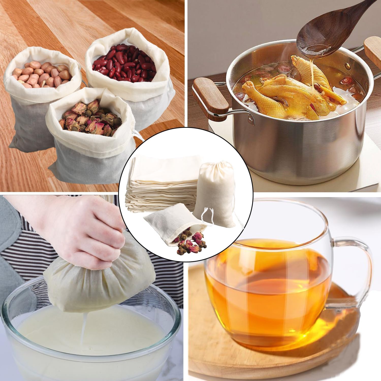 Eketirry Spice Bags, 10pcs Reusable Empty Tea Bags, Muslin Strainer Bags, Soup Bags for Cooking, Natural Cotton Fine Mesh Cheesecloth Bags for Cold Brew Coffee(3 x4" &7 x8")