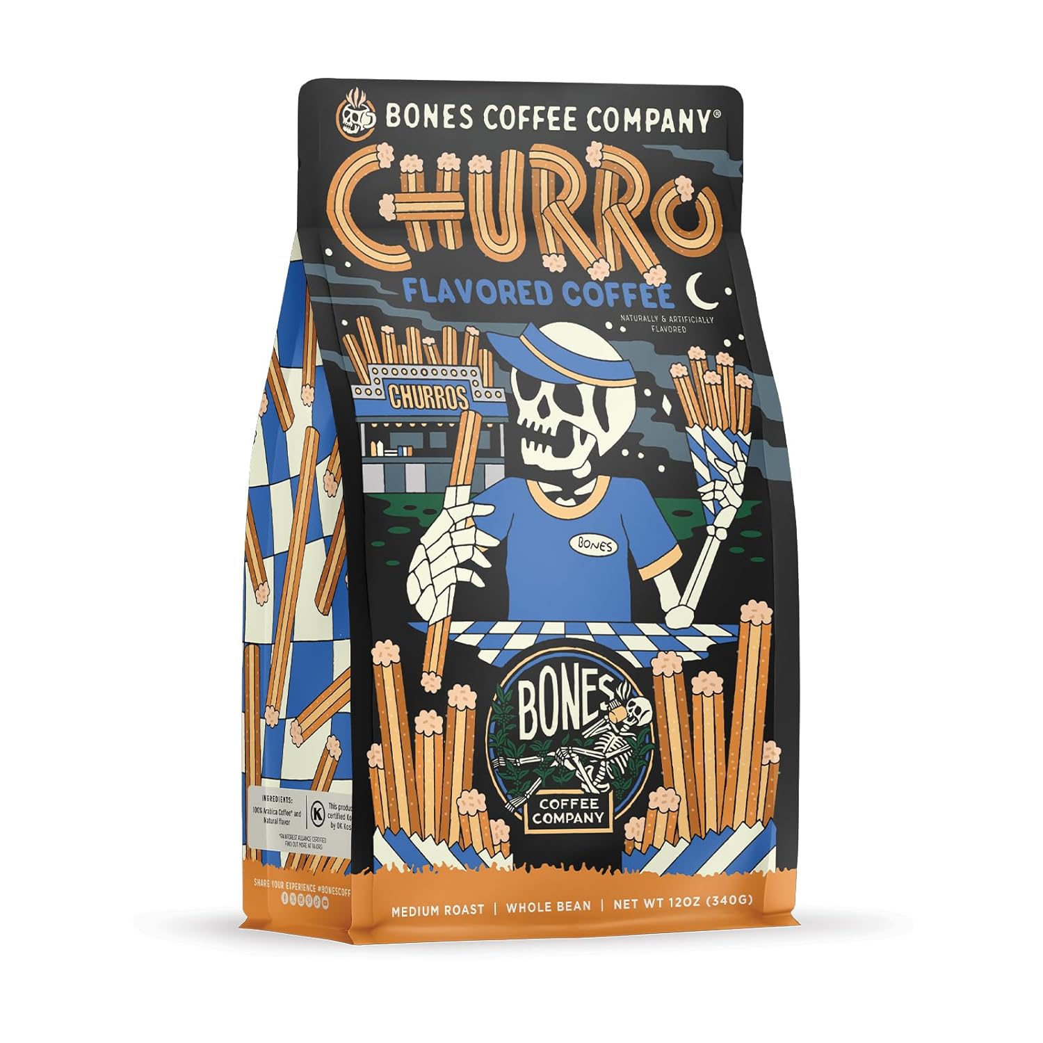 Bones Coffee Company Churro, Sweet Sugary Cinnamon Flavored Coffee, Medium Roast Low Acid Arabica Beans Compatible with Auto drip and French Press Coffee Maker, 12 Oz Whole Bean