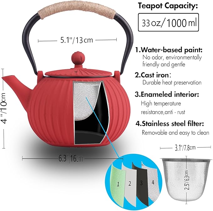 Cast Iron Teapot - Japanese Tetsubin 34oz (1000ml) Enamel Coated Interior with Removable Stainless Steel Infuser, Stovetop Safe Tea Kettle for Tea Ceremony, Red