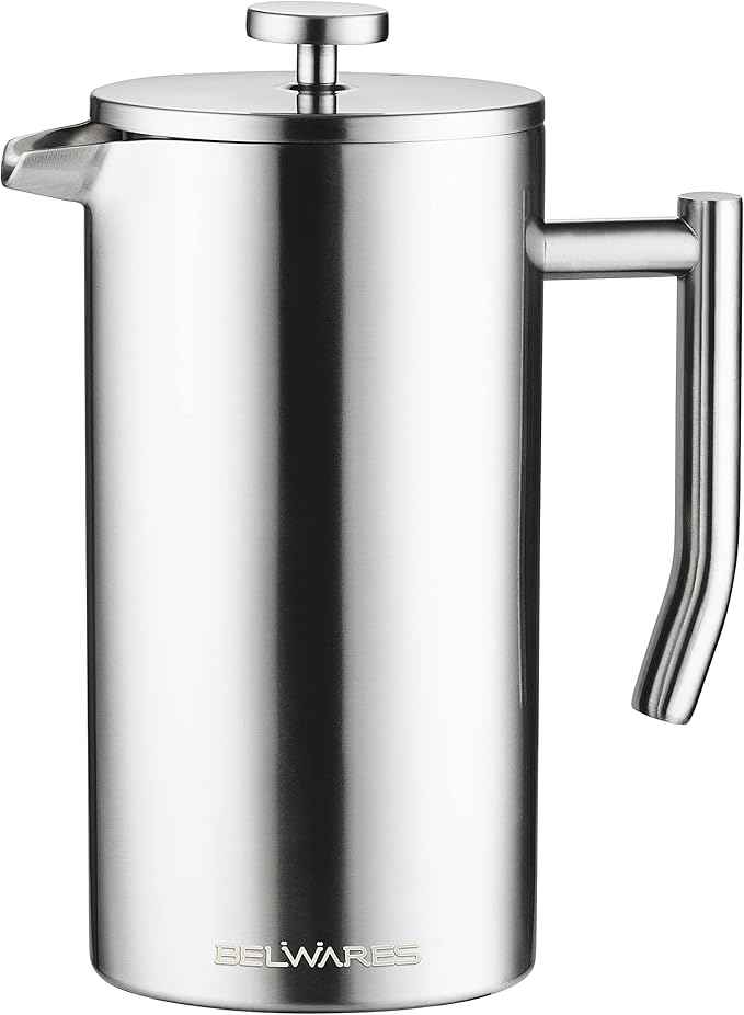 Belwares French Press Coffee Maker 50 oz - Large 304 Stainless Steel Double Wall Insulated Thermal Coffee Press for Home Kitchen, 4-Level Filtration with Extra Screens, Dishwasher Safe, 1.5L, Silver
