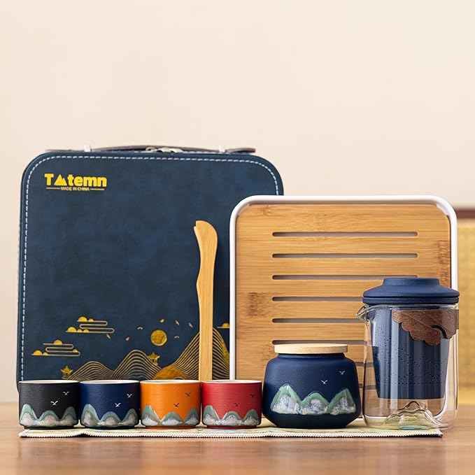 Portable Gongfu Tea Set with Travel Case, Ceramic Tea Set with Glass Teapot Infuser, Bamboo Tea Tray and 4 Ceramic Teacups, All-in-One Travel Tea Kit for Home Office Outdoor Picnic Camping