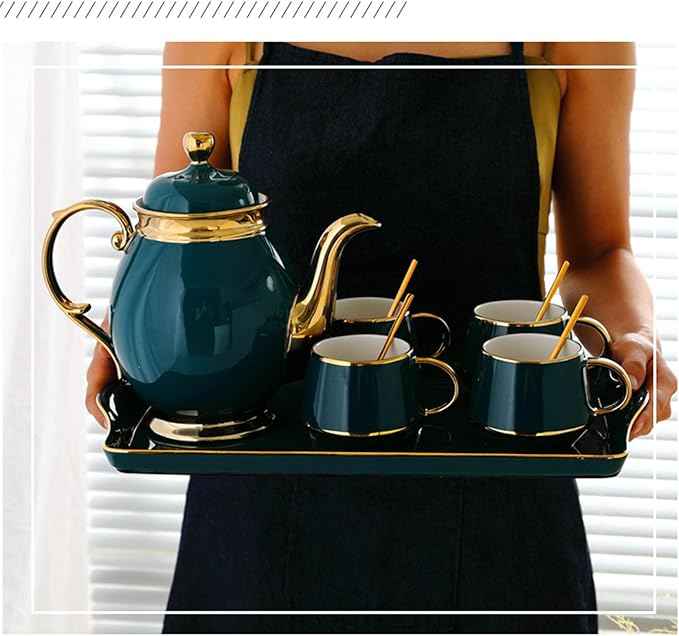 Tea Cups and Tray Set of 14 Pieces,Luxury Set with Teapot, Afternoon Tea Coffee Cups with Ceramic Tray, British Porcelain Tea Party Set for Kitchen,B