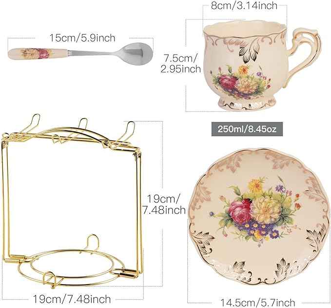 YOLIFE 8 OZ Flowering Shrubs Tea Cups and Saucers Set of 6, Ivory Ceramic Floral Teacups Set, Coffee Cups with Golden Rack