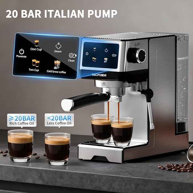 20Bar Espresso Machine with Hot & Rapid Cold Brew, Stainless Steel Coffee Makers, Cappuccino Latte Machine with Milk Frother Steam Wand for Home, 45oz Removable Water Tank, Touchscreen, Silver