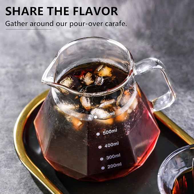 Bincoo Pour Over Coffee Maker Set - Borosilicate Glass Dripper with Walnut Handle & Glass Lid, 50 pcs Paper Filters Included - 600ml Pour Over Coffee Dripper for Home, Café, & Camping (Dark Gray)