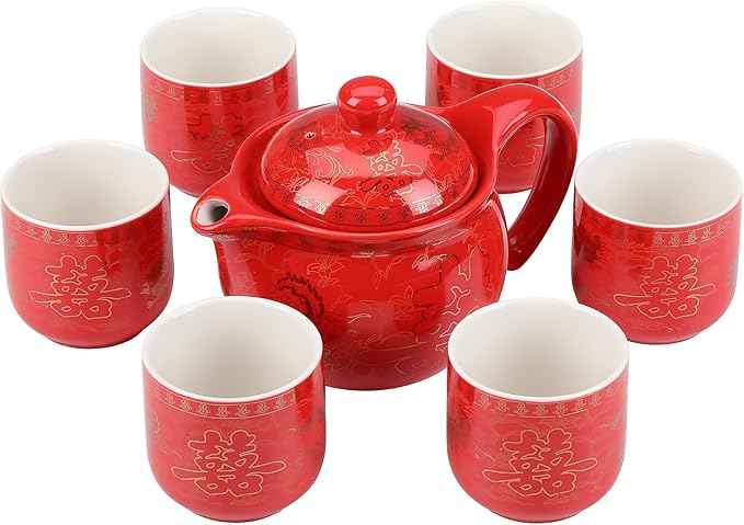 Chinese Tea Set Traditional Red Ceramic with Chinese Teapot and 6 Porcelain Teacups, Asian Gongfu Style Collection for Tea Ceremony, Chinese Wedding Gift with Fabric Box