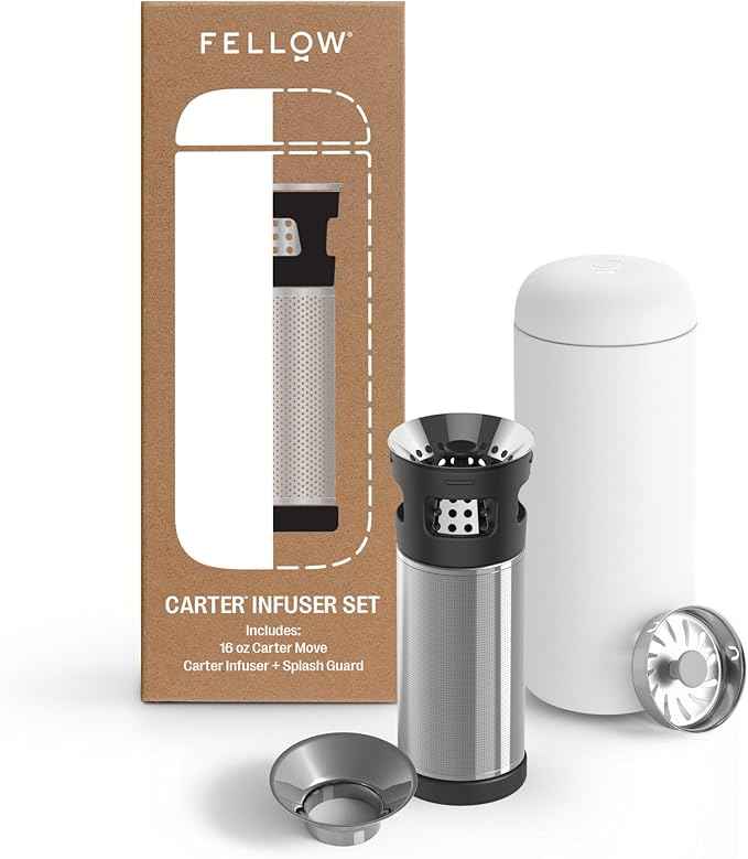 Fellow Carter Tea + Cold Brew Infuser & Carter Move 16 oz Tumbler Set - Steep Tea On-The-Go - Vacuum-Insulated Stainless Steel Travel Mug w/Snap-In Infuser For Steeping Tea, Cold Brew, Matte White