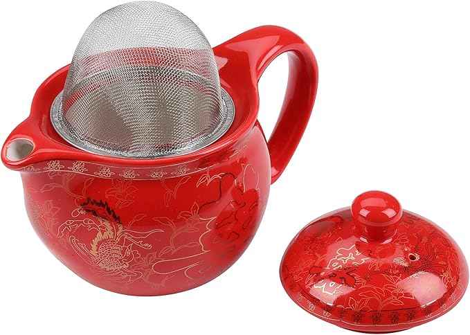 Chinese Tea Set Traditional Red Ceramic with Chinese Teapot and 6 Porcelain Teacups, Asian Gongfu Style Collection for Tea Ceremony, Chinese Wedding Gift with Fabric Box