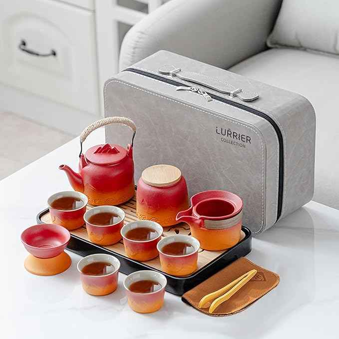 LURRIER Gongfu tea sets, Portable Ceramic TeaSet, Asian Tea sets for adult, Tea Gift sets, Grey leather case, Portable Travel Bag,Home,Gifting,Outdoor and Office(Red and Orange)