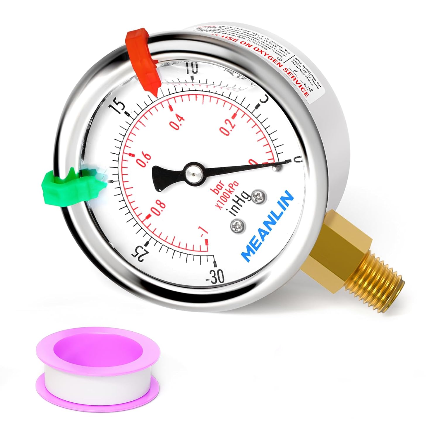 MEANLIN MEASURE -30inHG~0Psi Vacuum Pressure Gauge 1/8" NPT 2.5" FACE DIAL, Stainless Steel Liquid Filled Pressure Gauge WOG Water Oil Air Lower Mount (with 2PCS Snaps)