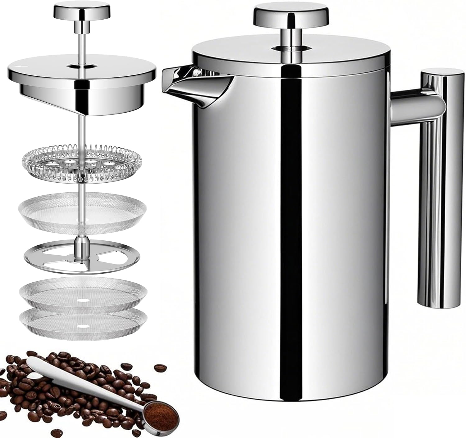 Small French Press Coffee Maker 600ml, Double-Wall Insulated French Press Coffee Press Stainless Steel for travel camping, Included 2 Extra Fliters and 1 Coffee Spoon (2-4cup, 20 OZ) - Blissbrew