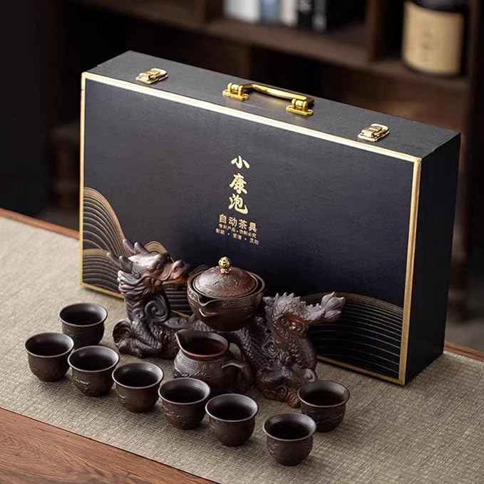 Chinese Gongfu Tea Set - Ceramic 360 Rotating teapot with Infuser, 8Cups, Semi Automatic Dragon Design for Loose Leaf Tea (Gift Box Set)
