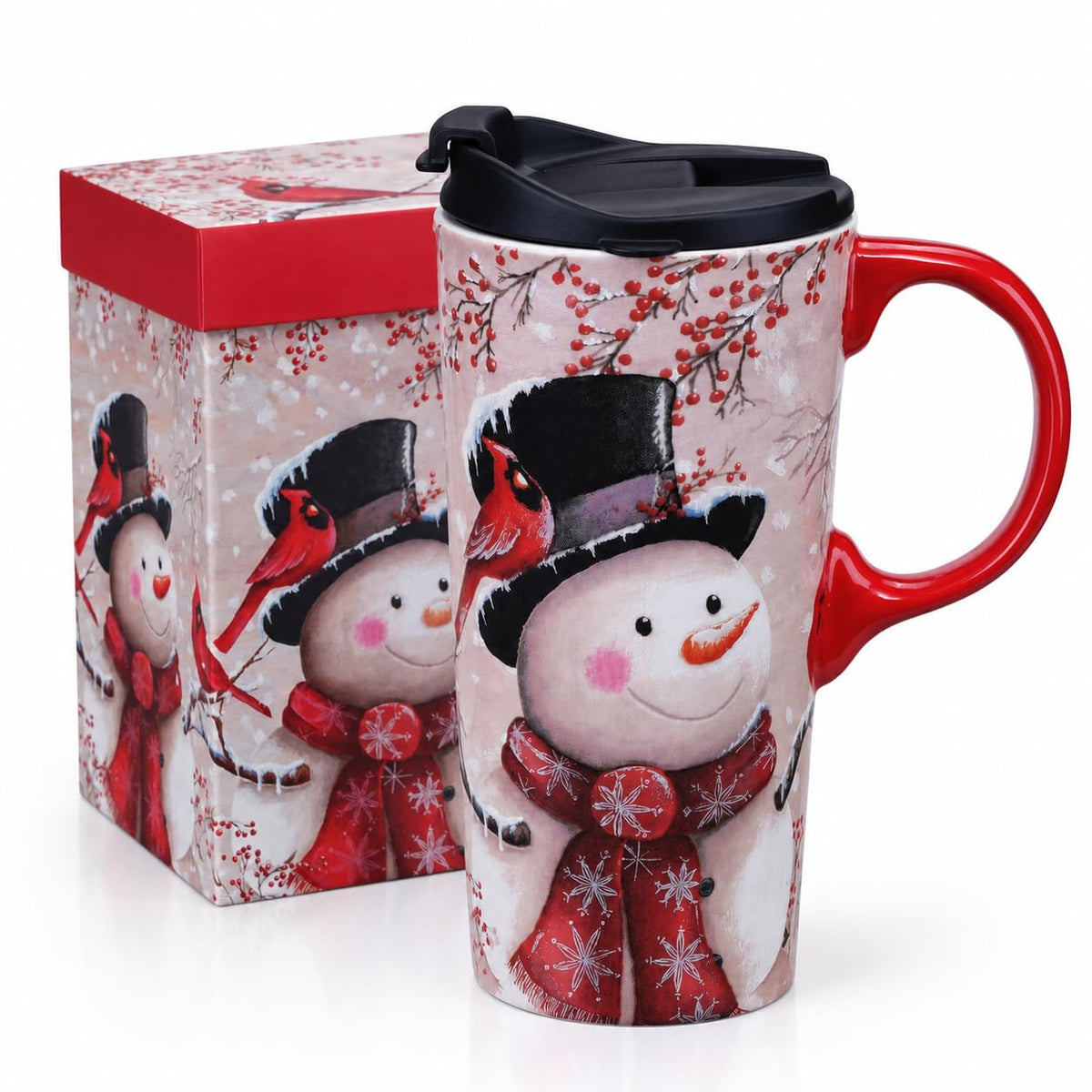 Christmas ceramic travel mug with snowman and cardinal design