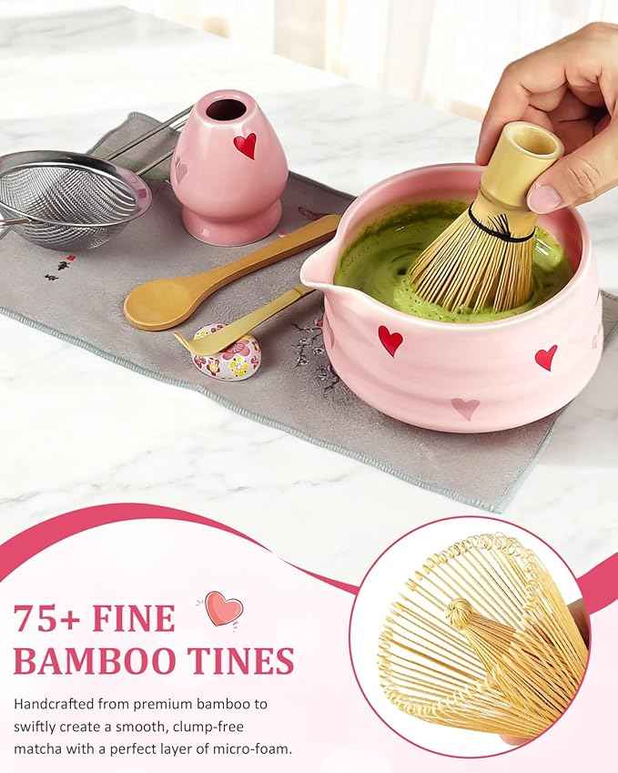 8Pcs Cute Ceramic Matcha Set with Whisk Bowl, Matcha Tea Kit Holder, Bamboo Scoop, Sifter, Towel Included, Valentine's Mother's Day Gift for Matcha Lover Women (Heart Shape Pink)