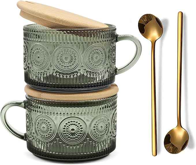Vintage Coffee Mugs Set of 2 Green, 14 Oz Overnight Oats Containers with Bamboo Lids and Spoons, Glass Breakfast Cups, Cute Coffee Bar Accessories Christmas Gifts