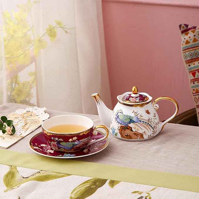 ACMLIFE Bone China Tea Set for One Teapot fnd Cup Set, Vintage Floral Tea Cup Set With Teapot and Saucer Set 12 Oz Bone China Tea for One Set Teapot and Cup Set for Gift